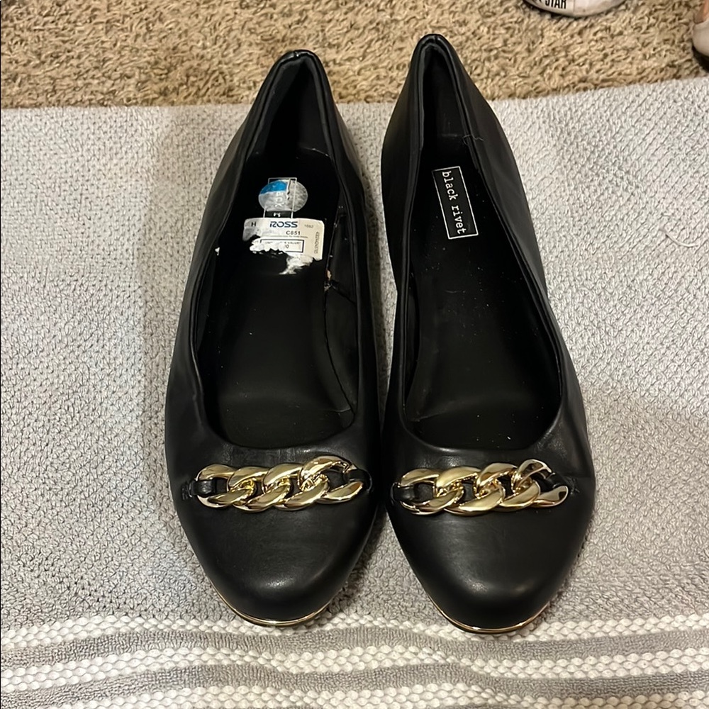 Black Rivet Gold Trim Black Flats